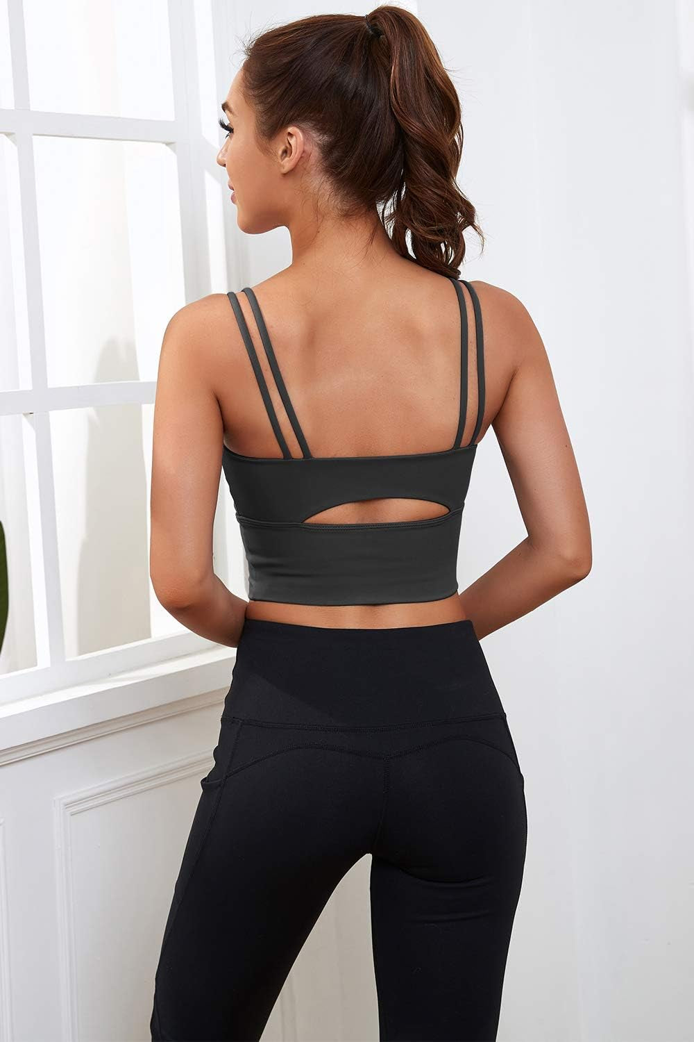 Womens Longline Sports Bra Padded Yoga Workout Crop Tank Tops Strappy Camisole Fitness Shirts