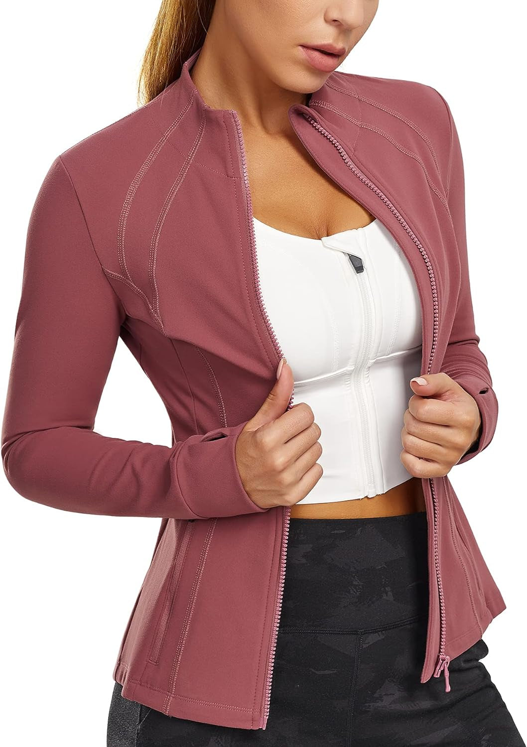 Women'S Sports Jacket Full Zip Workout Running Jacket Slim Fit Long Sleeve Yoga Track Jacket with Thumb Holes