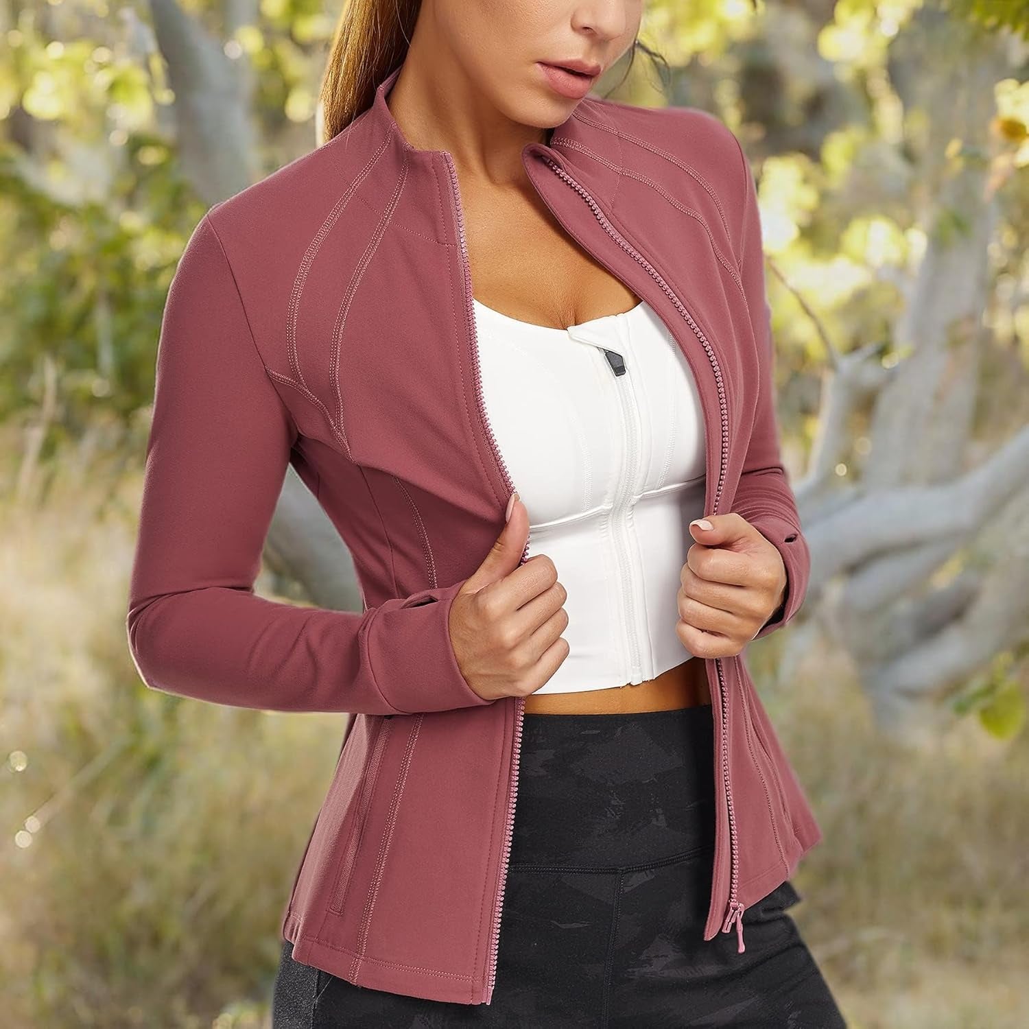 Women'S Sports Jacket Full Zip Workout Running Jacket Slim Fit Long Sleeve Yoga Track Jacket with Thumb Holes