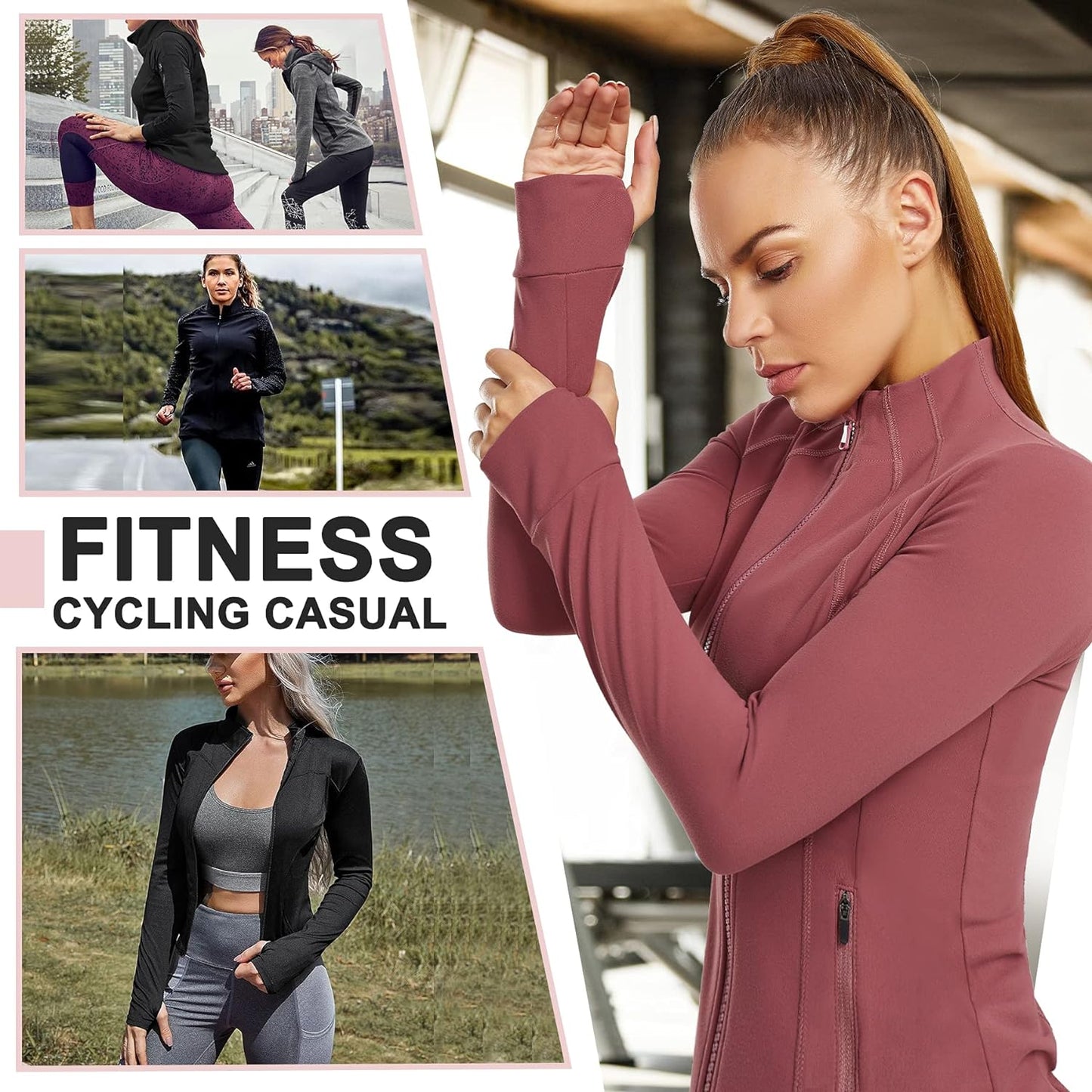 Women'S Sports Jacket Full Zip Workout Running Jacket Slim Fit Long Sleeve Yoga Track Jacket with Thumb Holes