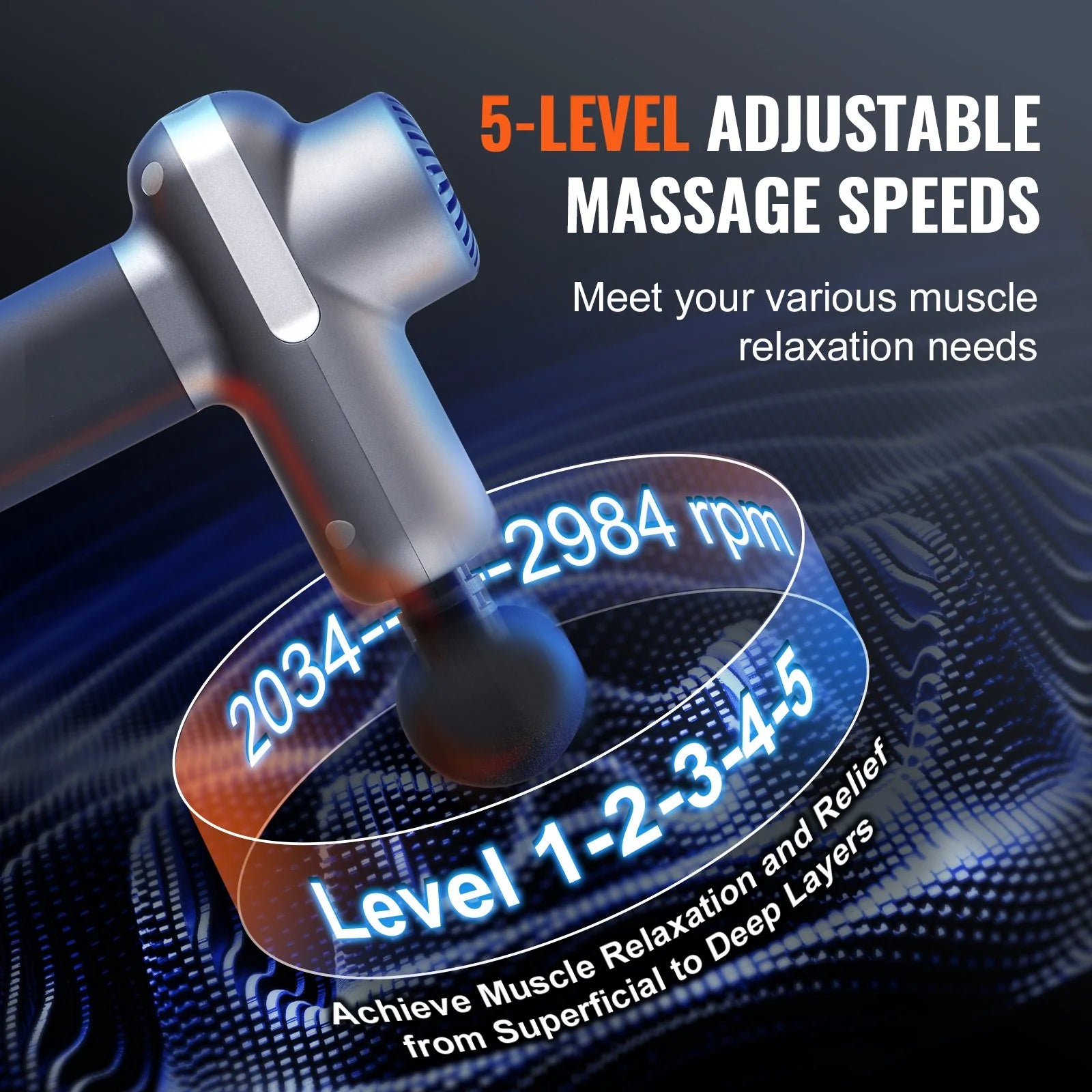 VEVOR Massage Gun Deep Tissue, Percussion Muscle Massager for Athletes - with 5 Speed Levels & 6 Massage Heads, 7.4V 2500Mah Batteries, Handheld Electric Massage Gun for Pain Relief, Muscle Relaxation