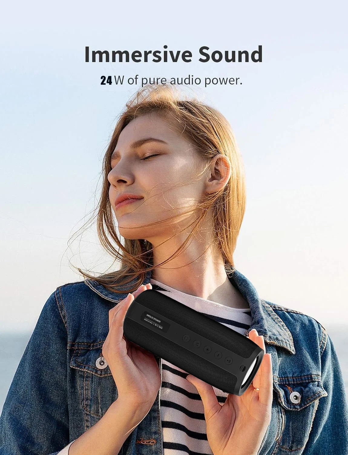 Portable Waterproof Wireless Bluetooth Speaker with 24W Loud Stereo Sound, 30H Playtime, TWS Pairing, Black